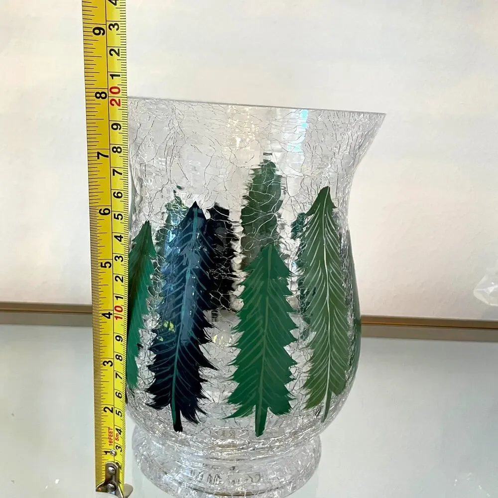 Christmas Pine Tree Crackle Glass Hurricane Candle Holder 8 x 5.5 Holiday New
